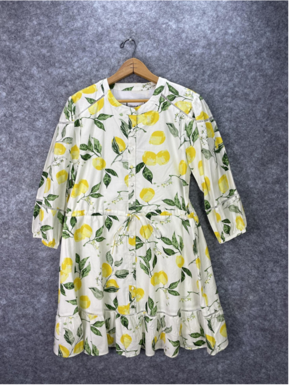 Layered With Love Dress Womens L White Lemon Print 3/4 Sleeve Ruffle Fit Flare